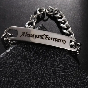 Polished silver stainless steel Cuban link bracelet with Always Forever engraving