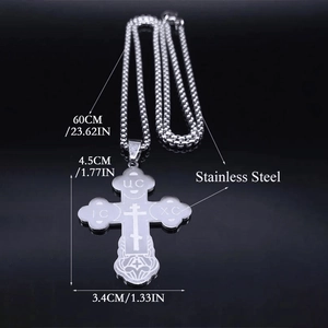 Detailed view of silver stainless steel Orthodox cross pendant with size measurements