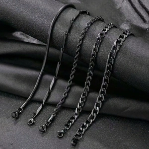 5-piece set of matte black metal bracelets featuring snake, cuban, and braided chain links