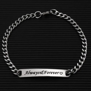 Polished stainless steel Cuban link bracelet with engraved Always & Forever ID plate