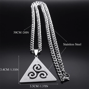 Macro view of stainless steel Triskelion triangle pendant with Celtic knot details