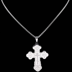 Polished silver stainless steel Orthodox cross necklace with IC XC religious engraving