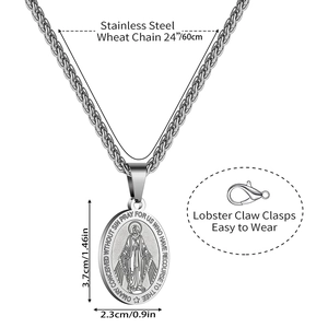 Détail de la médaille miraculeuse en acier inoxydable avec fermoir mousqueton et chaîne