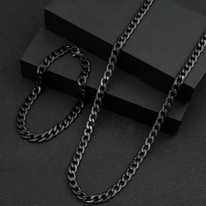 Stainless Steel Cuban Link Necklace Bracelet Set For Men Hip Hop Black Plated Curb Chain NK Chain Heavy Jewelry Set