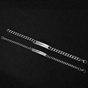 Polished silver cuban link couple bracelets with Forever and Always engraved bar