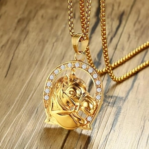 Hip Hop Men's Horse Head Horseshoe Pendant Necklace Alloy Iced Out Rhinestone Chain Jewelry For Rock Party Club Cool Style