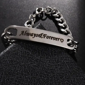 Polished silver stainless steel Cuban link bracelet with Always&Forever engraving