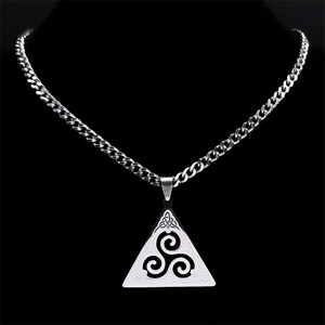 Vintage stainless steel triangle pendant necklace with Celtic triskelion on a neck model