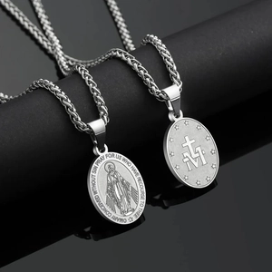 Collier Pendentif Médaille Miraculeuse en Acier Inoxydable Religieux Vierge Marie Croix Pendentif Ovale Double Face Bijoux
