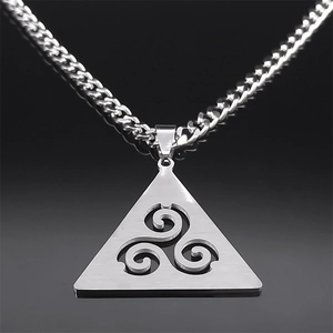 Vintage stainless steel triangle pendant necklace with Celtic triskelion on black background