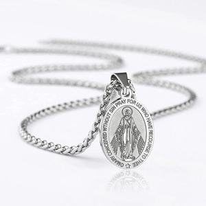 Collier médaille miraculeuse en argent avec pendentif ovale et chaîne en acier inoxydable