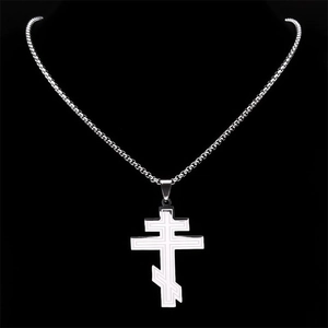 Silver Orthodox cross necklace in stainless steel with detailed etched metal engravings