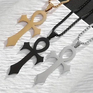 Polished stainless steel Ankh cross pendant necklaces in gold, black, and silver colors
