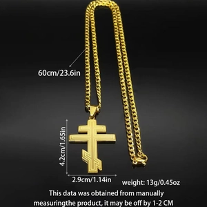 Detailed dimensions of gold Orthodox cross pendant with 60cm chain and 13g weight info