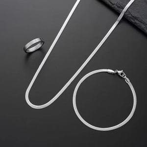 Men's silver stainless steel jewelry set featuring snake chain necklace, bracelet and ring
