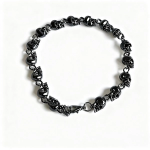 Detail of a black punk skull bracelet with glossy metal finish and lobster clasp closure