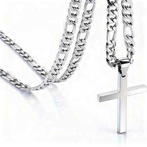 Polished 304L stainless steel cross pendant necklace with classic Figaro chain for men