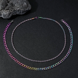 Iridescent stainless steel curb and rope chain necklace set for men with rainbow finish