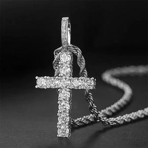 Classic Stainless Steel Cross Pendant Necklace Pave Rhinestone Religious Jewelry Hip Hop Twist Rope Chain For Men Women