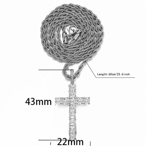 Detail view of rhinestone cross pendant with 60cm rope chain and 43mm x 22mm size dimensions