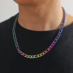 Collier Maille Gourmette en Acier Inoxydable Dégradé Arc-en-Ciel pour Hommes Femmes Bijoux Hip Hop Mode Chaîne Figaro Miroir