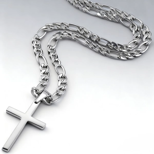 Polished 304L stainless steel cross pendant necklace with silver Figaro chain for men