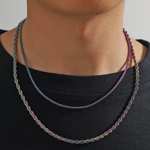 Rainbow plated stainless steel rope and box chain set for men with a hip-hop aesthetic