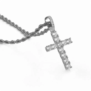 Classic silver cross necklace with pavé crystal rhinestones on a twisted rope chain
