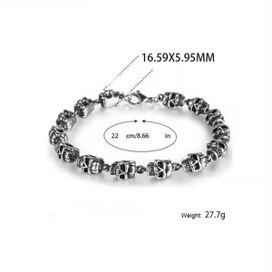 Punk style vintage skull link bracelet in oxidized metal with lobster clasp for men