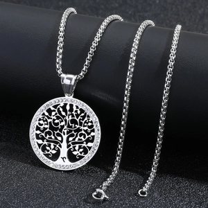 Edelstahl Lebensbaum Anhänger Halskette Silber Strass Hohl Rund Statement Schmuck Für Damen Box Kette Geschenk