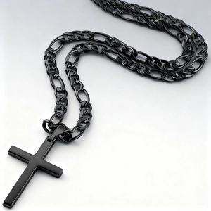 Men's black matte stainless steel cross pendant on a Figaro chain for daily wear