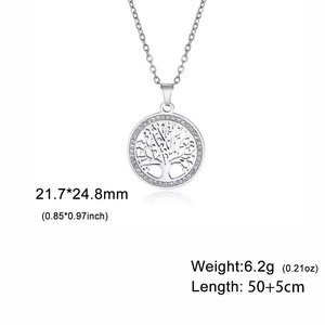 Détails du pendentif Arbre de Vie avec zircons et mesures précises de la chaîne en acier
