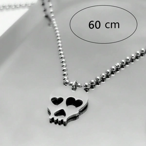 Collier tête de mort gothique en acier inoxydable avec yeux en cœur et chaîne à billes 60cm