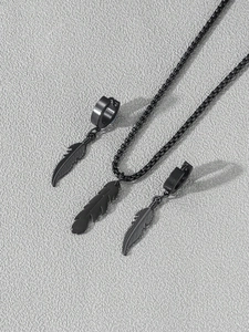 Detail of 3-piece black metal jewelry set featuring feather pendants and hoop earrings