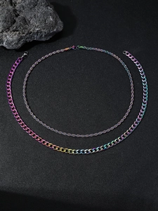 Close-up of rainbow titanium steel Cuban and rope chain set with lobster clasp
