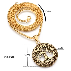 Golden Celtic Tree of Life pendant necklace with 60cm square chain for men and women