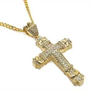 Men's hip hop gold plated cross pendant necklace with iced out cubic zirconia stones