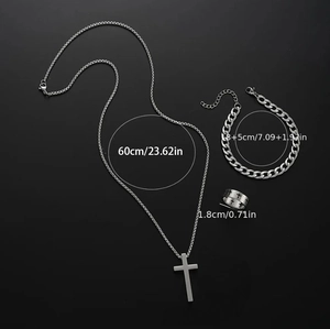 3pcs set of stainless steel cross pendant necklace, cuban bracelet, and ring for men