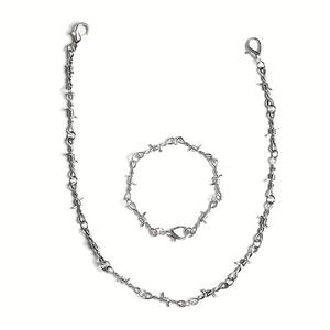 Ensemble collier et bracelet en fil barbelé argenté au style punk gothique industriel