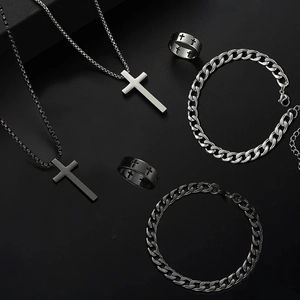 Men Stainless Steel Cross Pendant Necklace Bracelet Ring Jewelry Collection Gothic Punk Silver Black Accessories For Men Women