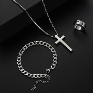 Polished stainless steel men's jewelry set with cross pendant necklace, bracelet and ring