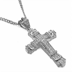 Hip hop silver cross pendant necklace with iced out crystals and crown details