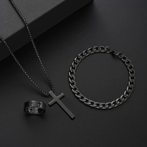 Detail of matte black stainless steel cross jewelry set with necklace bracelet and ring