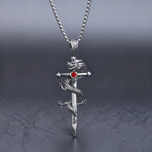 Dragon Sword Pendant Necklace Gothic Hip Hop Zinc Alloy Red Rhinestone Jewelry Retro Style For Men