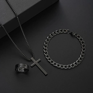3-piece black stainless steel jewelry set with cross pendant necklace, bracelet, and ring