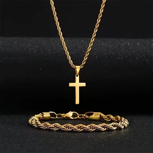 Parure de Bijoux en Acier Inoxydable Collier Pendentif Croix Et Bracelet Chaîne Corde pour Hommes Femmes Unisexe