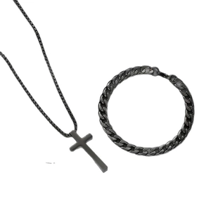 3-piece men's matte black stainless steel cross pendant necklace and curb chain bracelet set