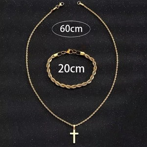 Parure de bijoux en acier inoxydable doré avec collier pendentif croix et bracelet torsadé