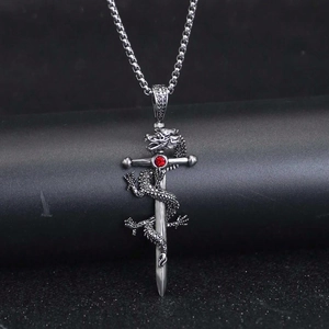 Gothic dragon wrapped around sword pendant with red gem and antique silver finish