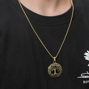 Golden Celtic Tree of Life pendant necklace for men and women on black background